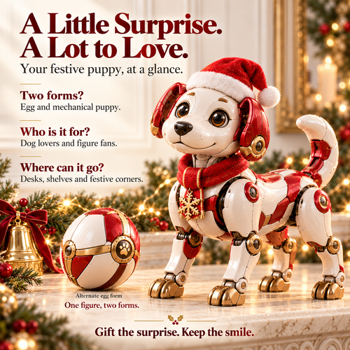 🎄 2-in-1 Christmas Puppy Transformer – Egg-to-Dog Figure with Festive Red & Gold Details 🎁