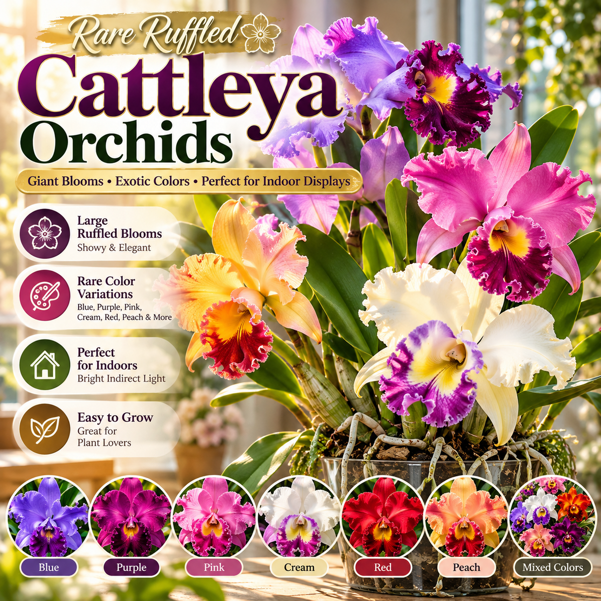 💎 Rare Ruffled Cattleya Orchid Rooted Pseudobulbs – Giant Exotic Bloom