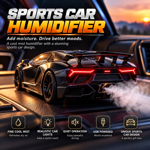 🏎️ Supercar Humidifier – Cool Mist, LED Glow & Racing-Inspired Design