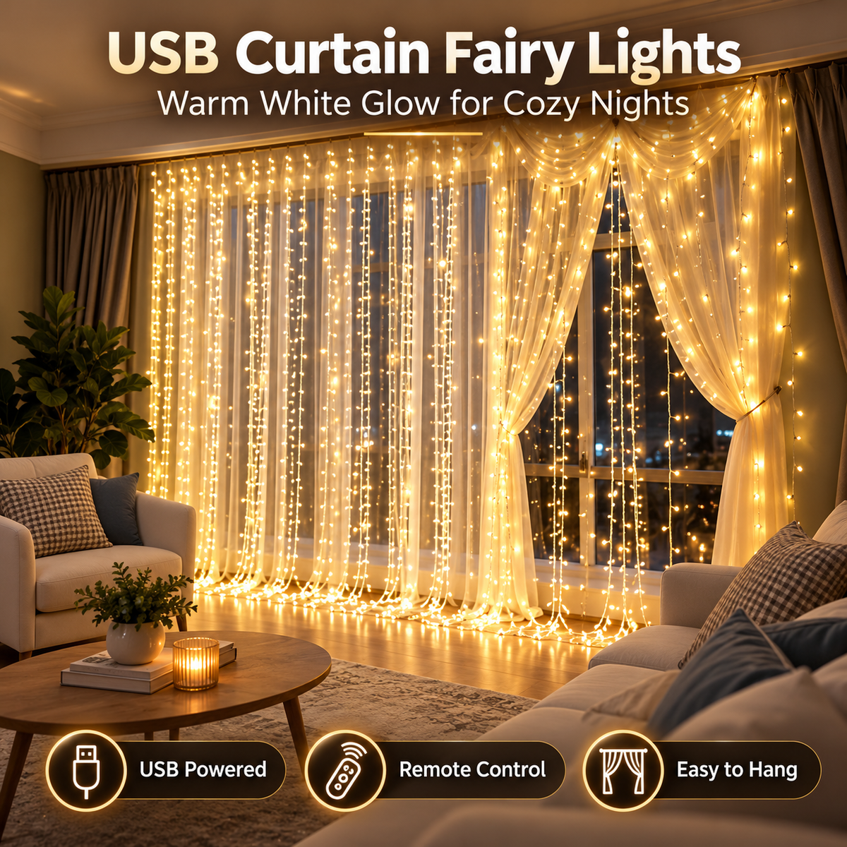 🎄 Christmas Curtain Lights – Warm White LED Window Lights with Remote Control