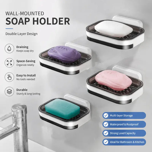 Wall-Mounted Double Soap Holder with Drain Tray – No-Drill Bathroom Organizer