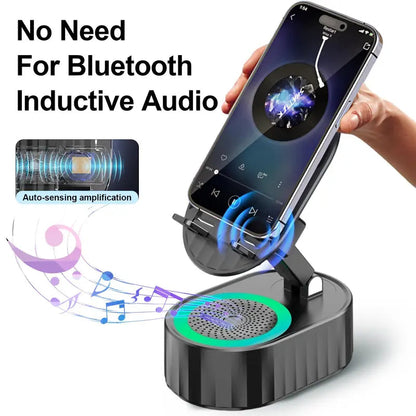 5-in-1 Wireless Induction Speaker Phone Stand – No Bluetooth Needed, LED Lights & Phone Charging