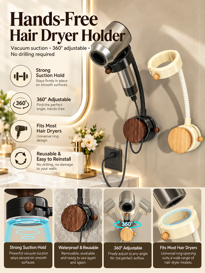 Hands-Free Hair Dryer Holder – No-Drill Suction Mount with Adjustable Arm & Cord Storage
