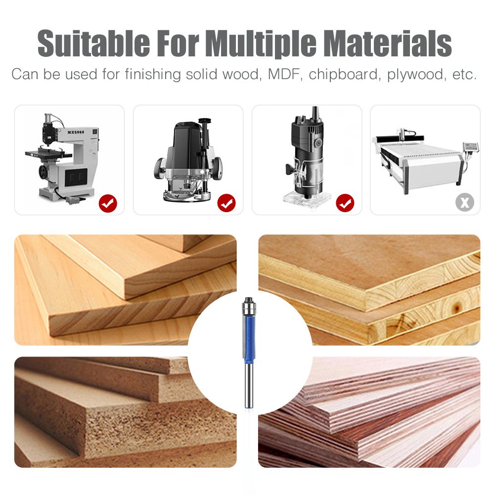 4 Piece Dual Bearing Flush Trim Router Bit Set, 1/4 Inch Shank Edge Trimming Tool for Woodworking, Deburring & Polishing