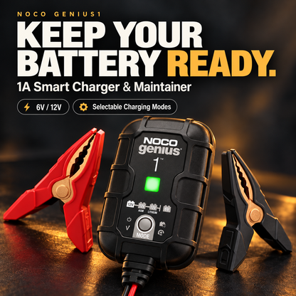 NOCO GENIUS1 smart battery charger with red and black clamps