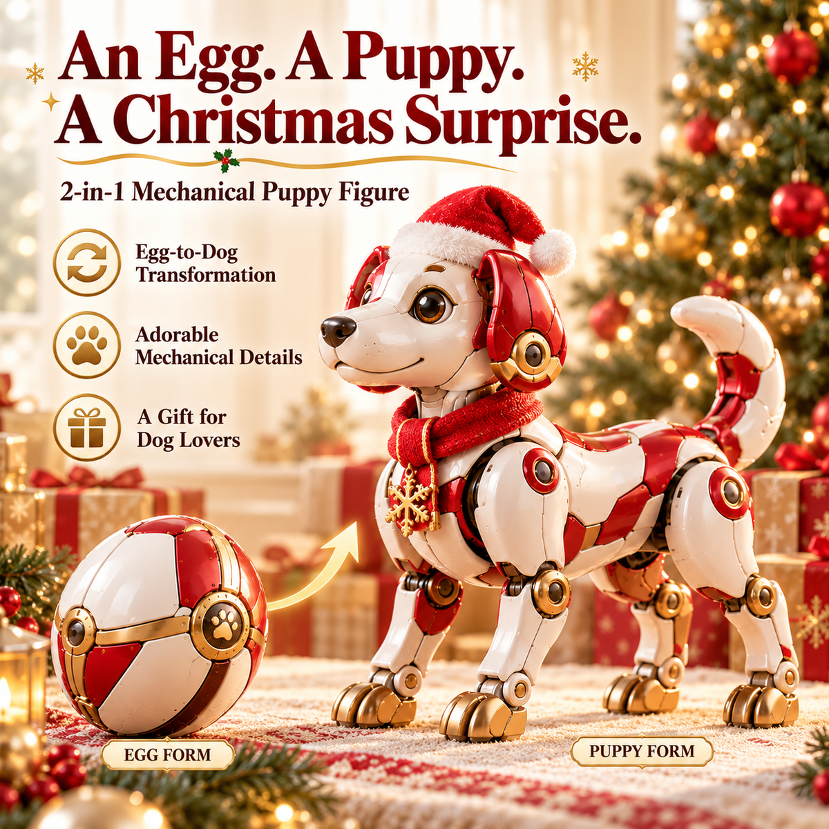 🎄 2-in-1 Christmas Puppy Transformer – Egg-to-Dog Figure with Festive Red & Gold Details 🎁