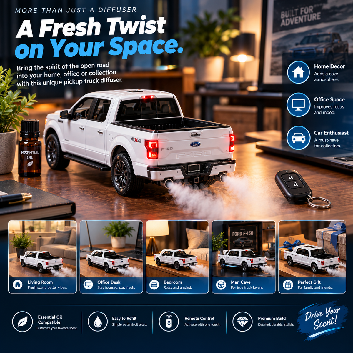 🚙 Realistic Pickup Truck Essential Oil Diffuser – Remote-Controlled Aromatherapy Mist with Exhaust Smoke Effect