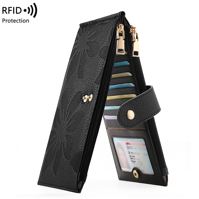 ✨ RFID Blocker Bifold Wallet – Women's Vegan PU Zip Wallet with 16 Card Slots, 2 ID Windows & 2 Zipper Pockets