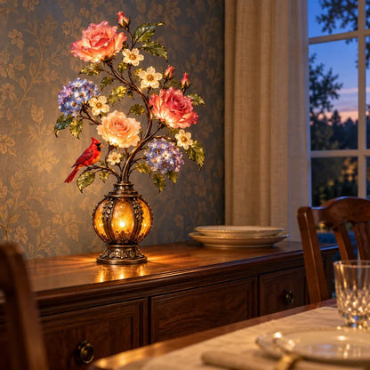 💥🏆🌹✨ Eternal Bloom – Vintage Rose & Cardinal Table Lamp