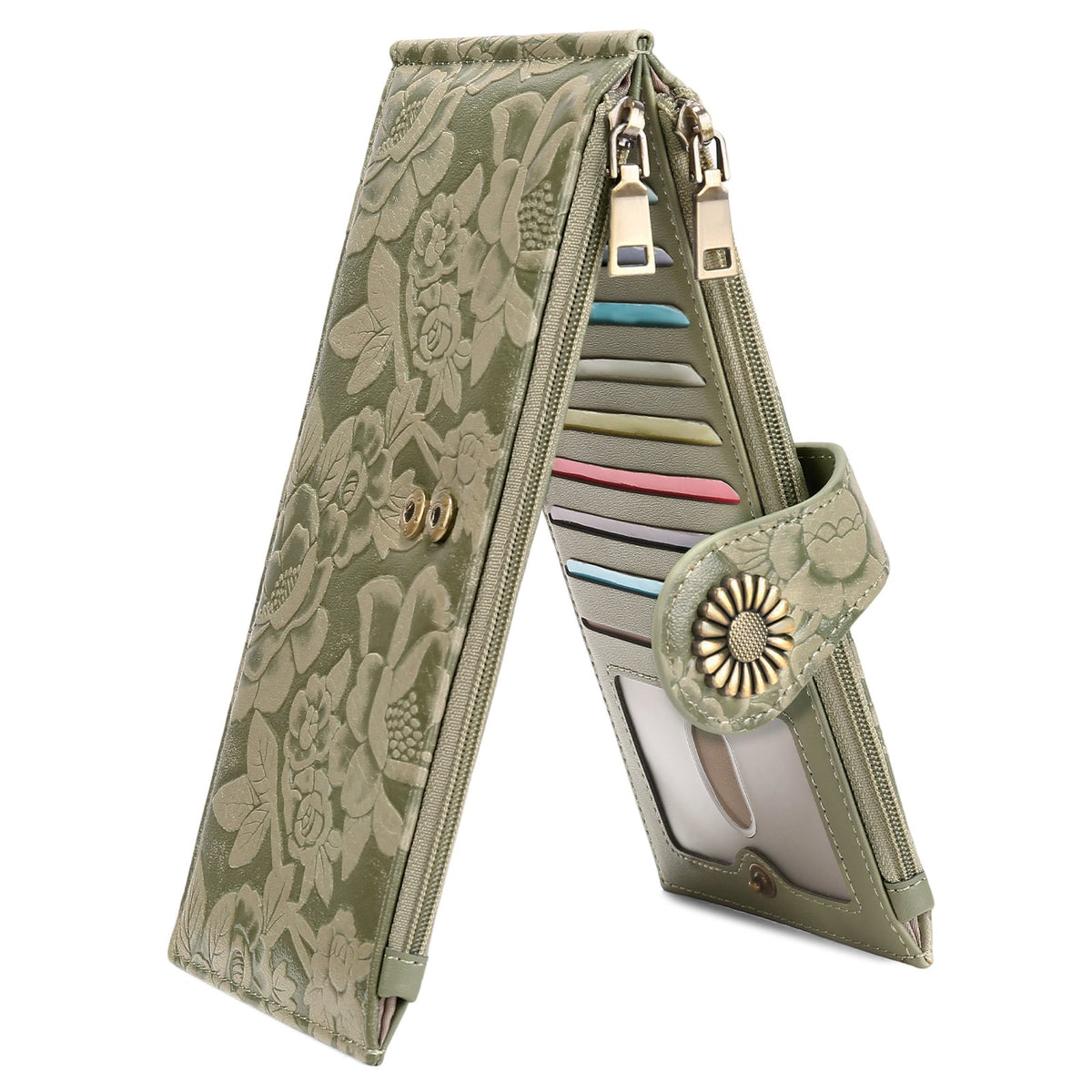 ✨ RFID Blocker Bifold Wallet – Women's Vegan PU Zip Wallet with 16 Card Slots, 2 ID Windows & 2 Zipper Pockets