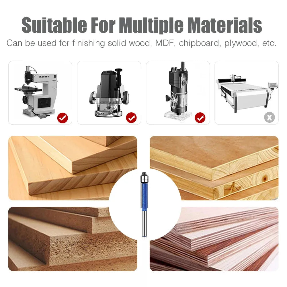 4 Piece Dual Bearing Flush Trim Router Bit Set, 1/4 Inch Shank Edge Trimming Tool for Woodworking, Deburring & Polishing