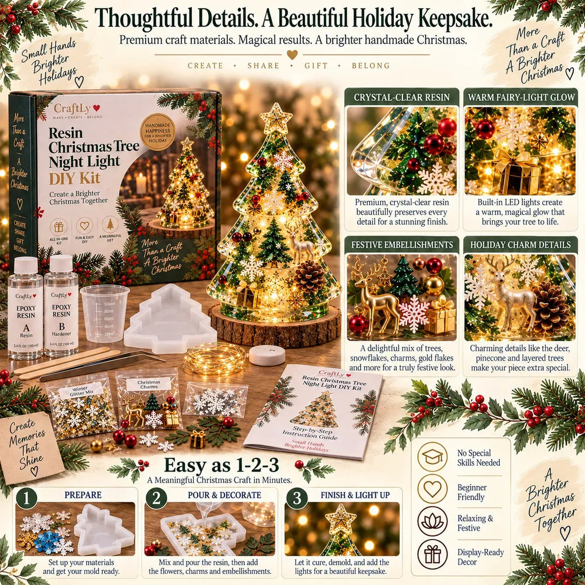 🎄 ✨Beginner-Friendly Resin Christmas Tree Night Light DIY Kit | Complete Kit with Mold, Resin, Fairy Lights & Festive Decorations ✨