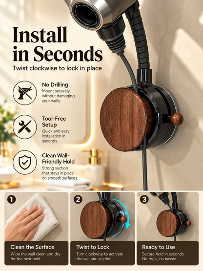 Hands-Free Hair Dryer Holder – No-Drill Suction Mount with Adjustable Arm & Cord Storage