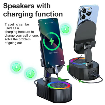 5-in-1 Wireless Induction Speaker Phone Stand – No Bluetooth Needed, LED Lights & Phone Charging