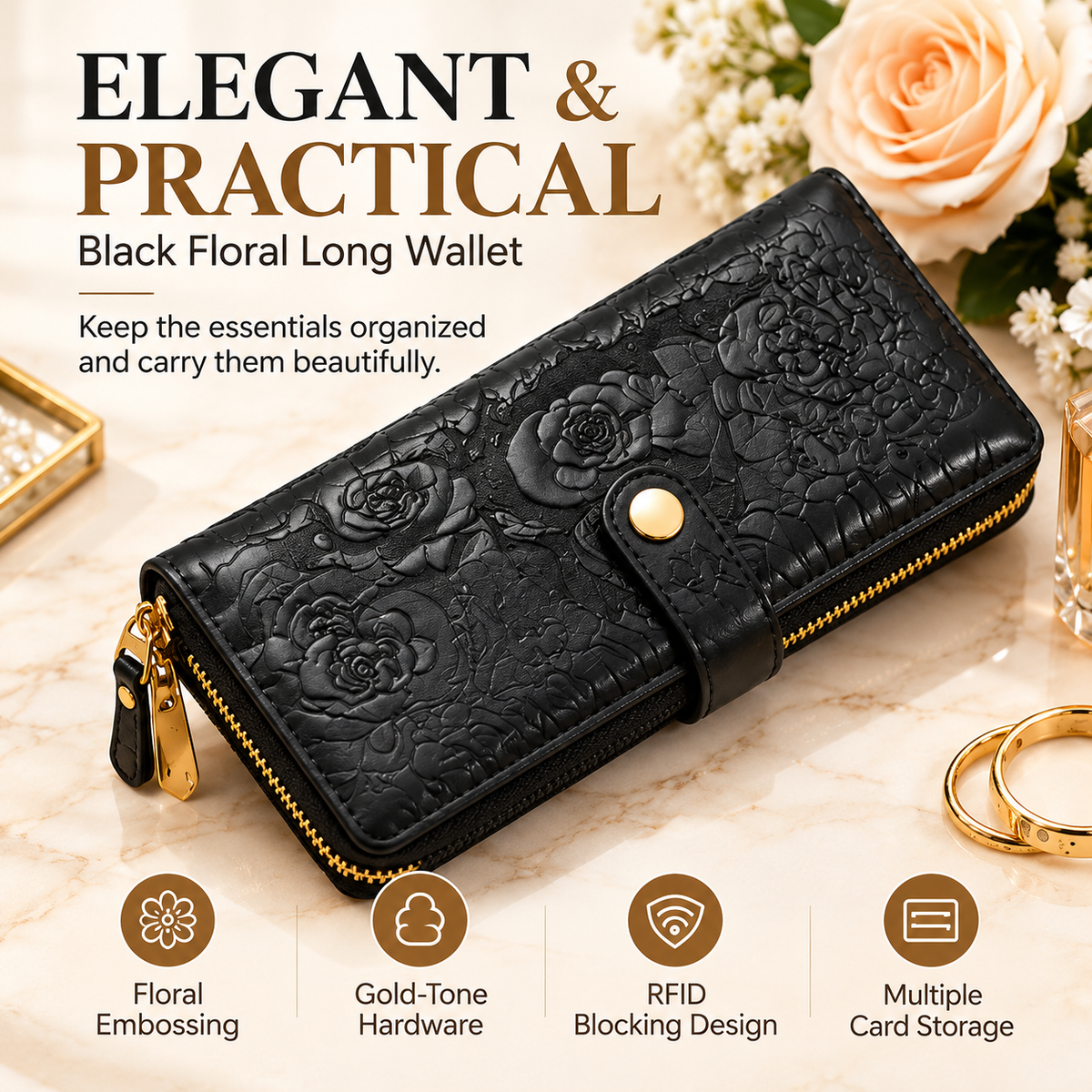 ✨ RFID Blocker Bifold Wallet – Women's Vegan PU Zip Wallet with 16 Card Slots, 2 ID Windows & 2 Zipper Pockets