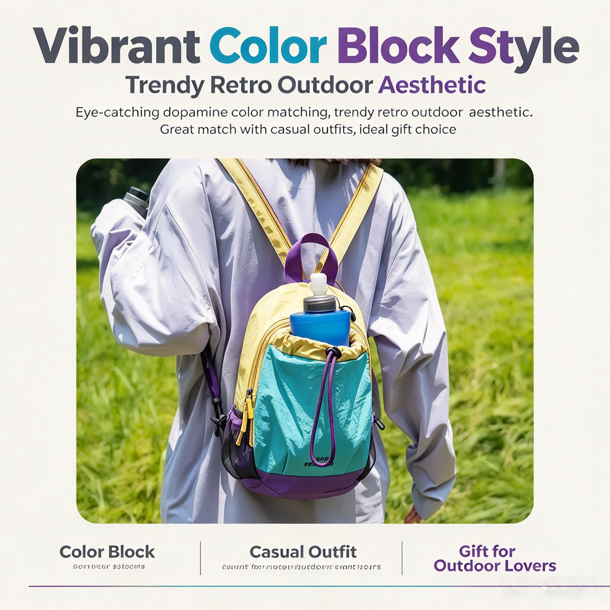 🎒Lightweight Color Block Mini Backpack | Water Resistant, Adjustable Straps for Outdoor Travel🚴