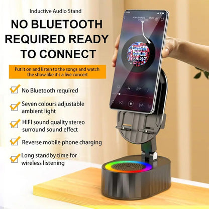 5-in-1 Wireless Induction Speaker Phone Stand – No Bluetooth Needed, LED Lights & Phone Charging