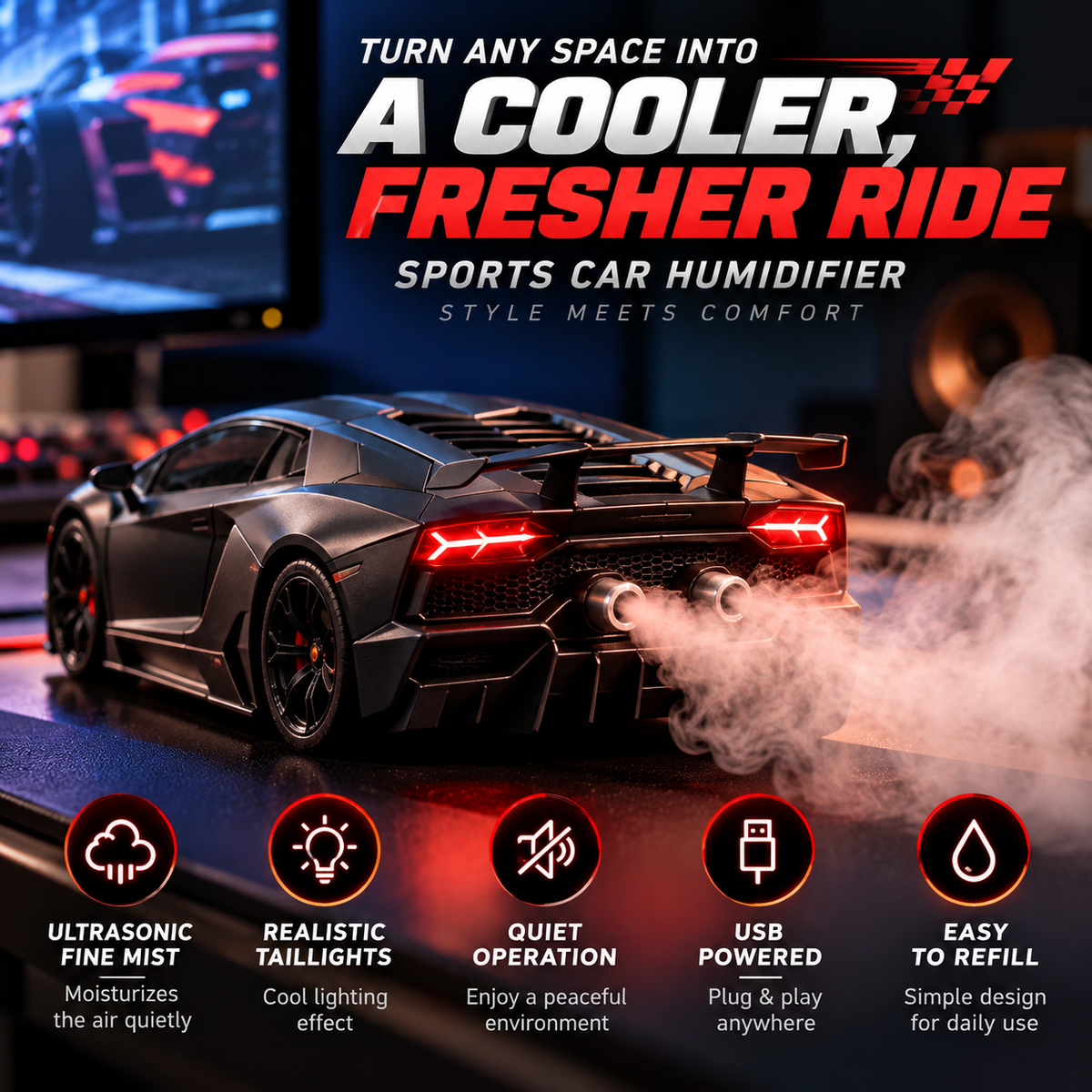 🏎️ Supercar Humidifier – Cool Mist, LED Glow & Racing-Inspired Design
