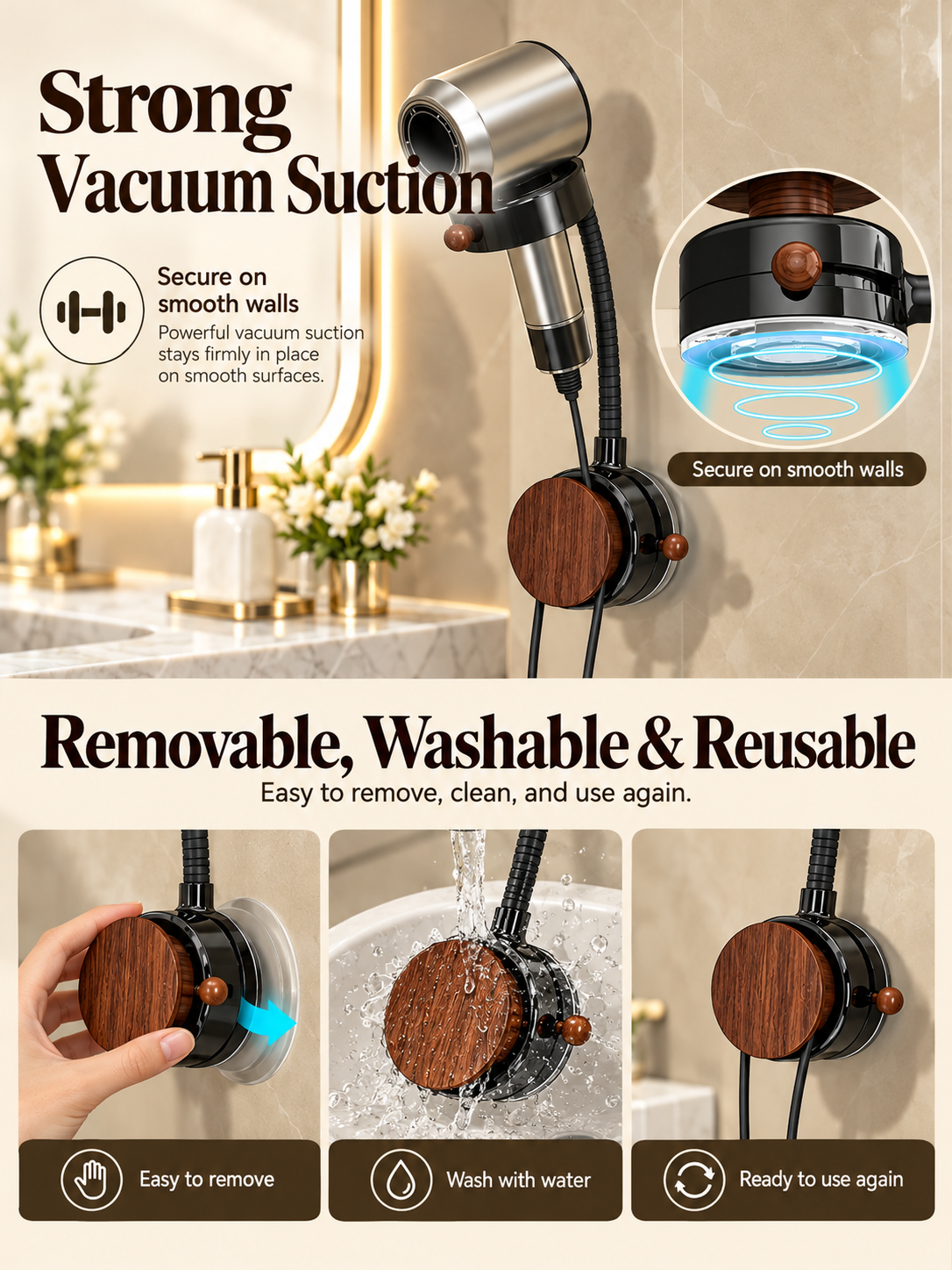 Hands-Free Hair Dryer Holder – No-Drill Suction Mount with Adjustable Arm & Cord Storage