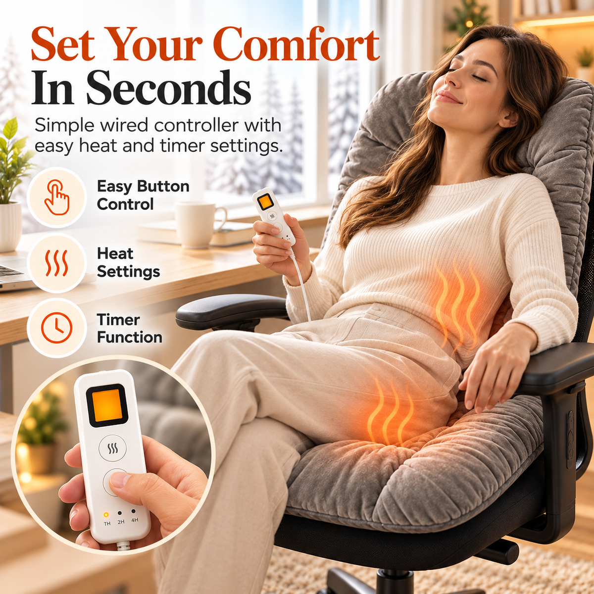 🔥 Heated Seat & Back Cushion – Plush Chair Warmer