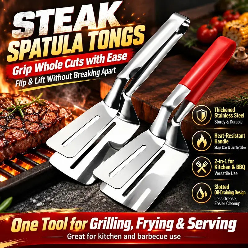 🔥2‑in‑1 Stainless Steel Spatula Tongs | 🧤Heat‑Resistant Handle BBQ Grill Turner for Steak & Outdoor Grilling🍖