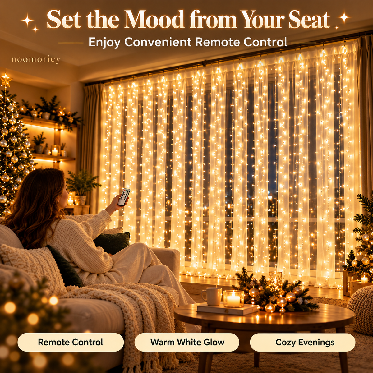 🎄 Christmas Curtain Lights – Warm White LED Window Lights with Remote Control