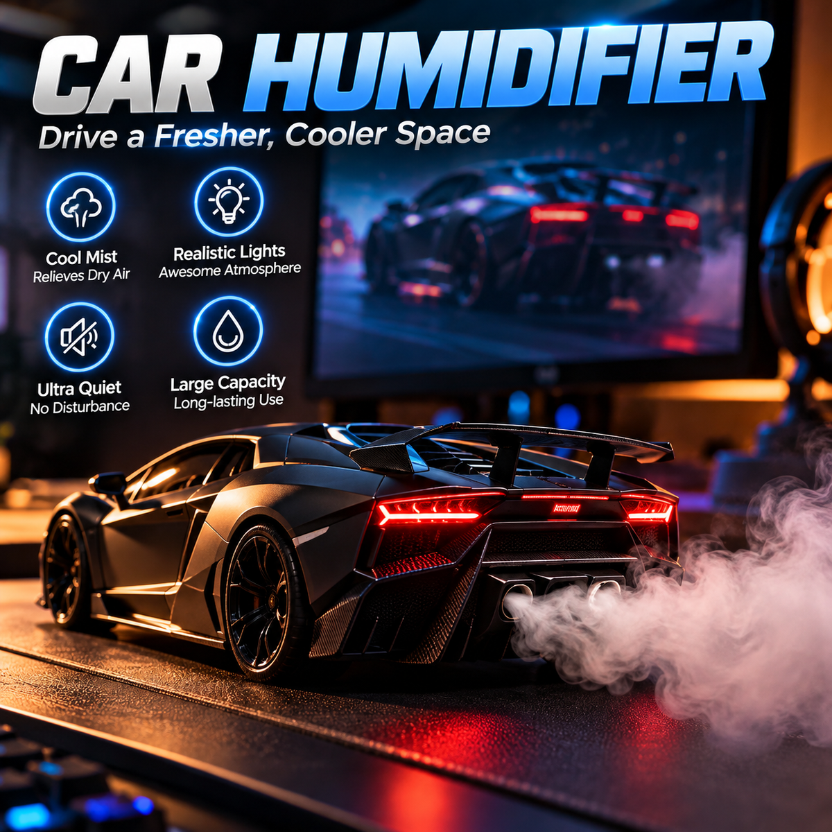 🏎️ Supercar Humidifier – Cool Mist, LED Glow & Racing-Inspired Design