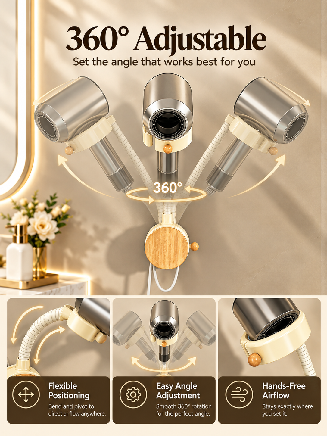 Hands-Free Hair Dryer Holder – No-Drill Suction Mount with Adjustable Arm & Cord Storage
