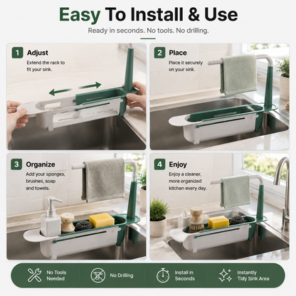 🚰 50% OFF! 🧽 2-in-1 Sink Organizer Rack – Expandable & towel drying bar ✨