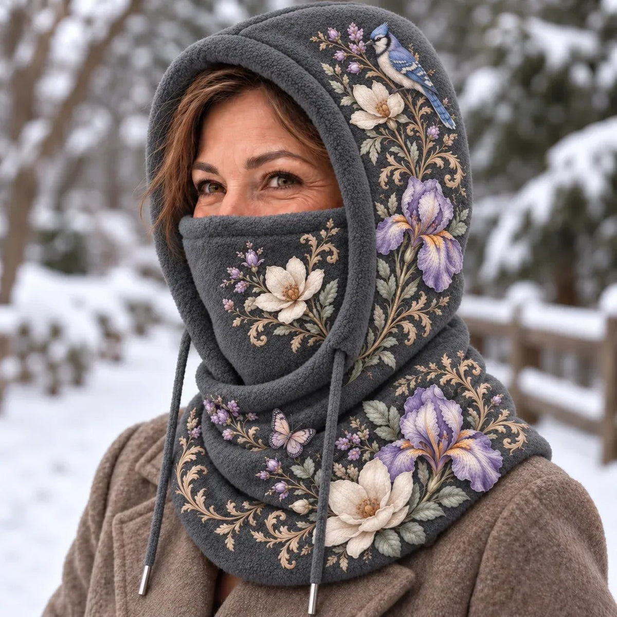🌸 Women’s Floral 3-in-1 Winter Hood – Fleece-Lined Hat, Face Cover & Neck Warmer