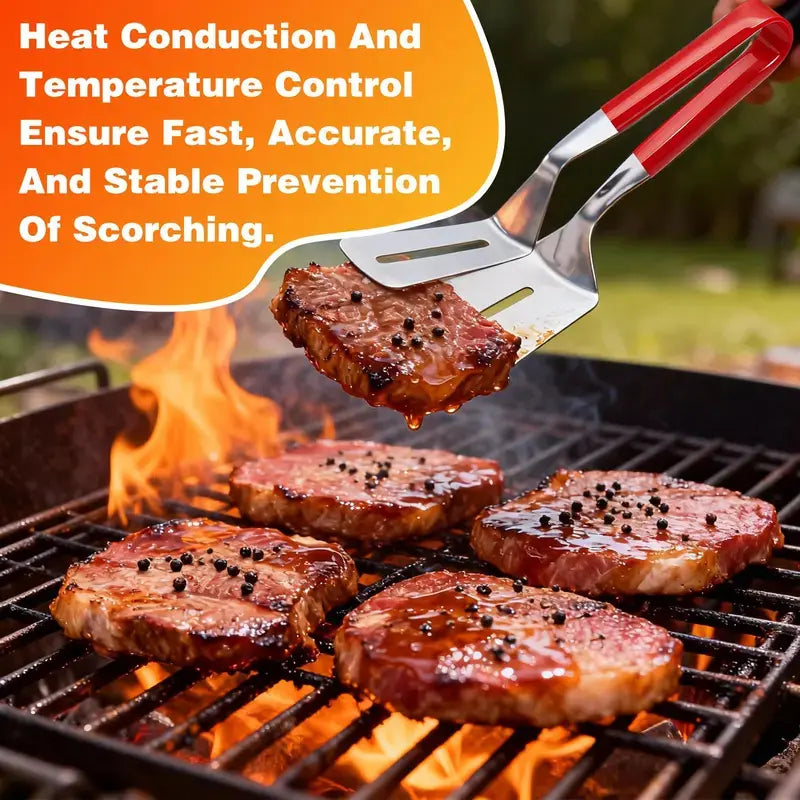 🔥2‑in‑1 Stainless Steel Spatula Tongs | 🧤Heat‑Resistant Handle BBQ Grill Turner for Steak & Outdoor Grilling🍖