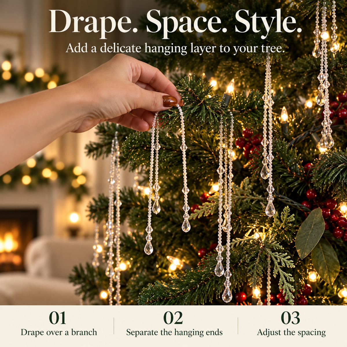 ✨ Reusable Clear Beaded Tinsel – Teardrop Icicle Strands for Christmas Trees