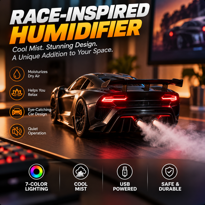🏎️ Supercar Humidifier – Cool Mist, LED Glow & Racing-Inspired Design