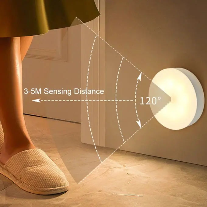 Motion sensor night light diagram showing a 120-degree detection angle and 3-5 meter sensing range as a person walks past.