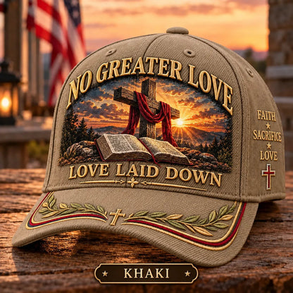 🧢 “No Greater Love” Christian Baseball Cap — Washed Cotton Twill & Adjustable Fit