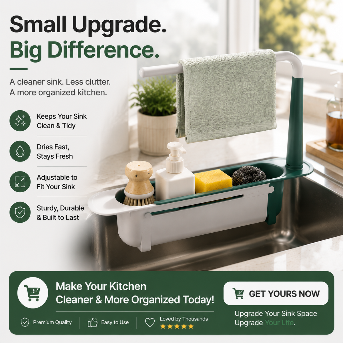 🚰 50% OFF! 🧽 2-in-1 Sink Organizer Rack – Expandable & towel drying bar ✨