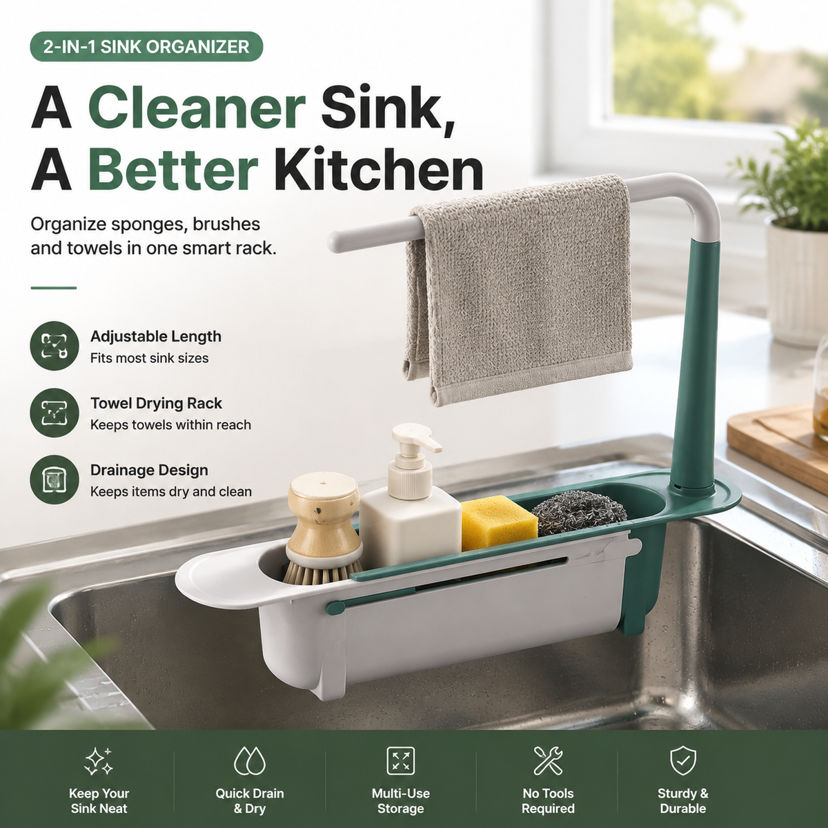 🚰 50% OFF! 🧽 2-in-1 Sink Organizer Rack – Expandable & towel drying bar ✨