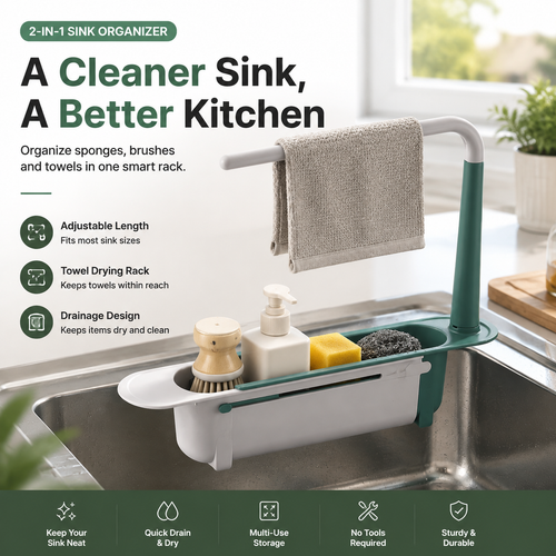 🚰 50% OFF! 🧽 2-in-1 Sink Organizer Rack – Expandable & towel drying bar ✨