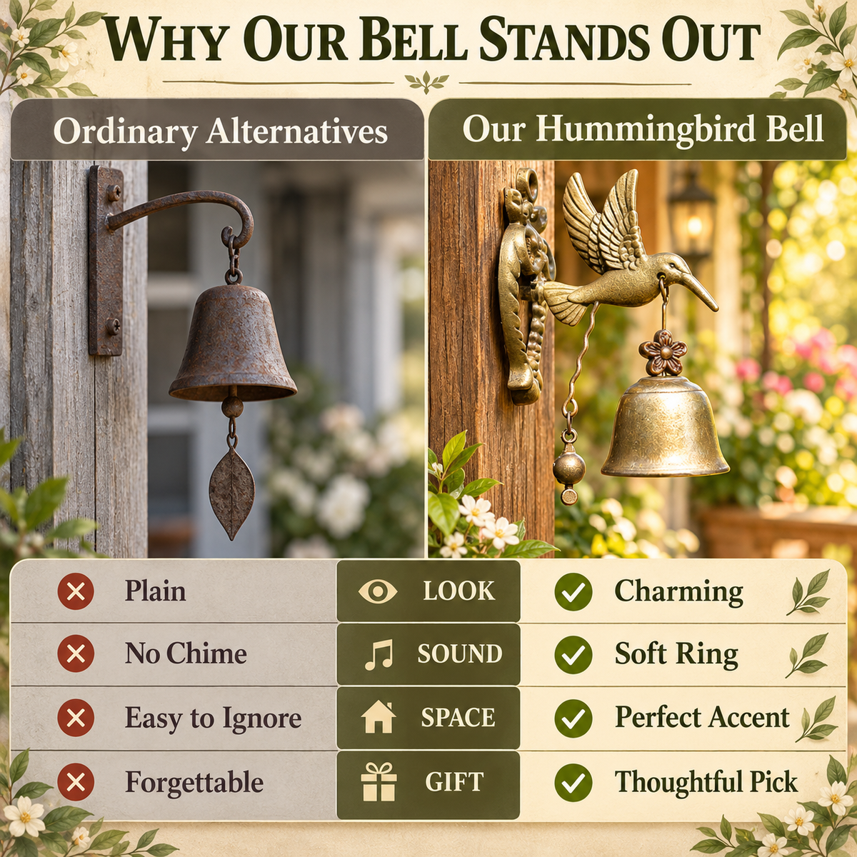 🔔 Vintage Hummingbird Doorbell – Antique Brass Hanging Bell for Home & Garden