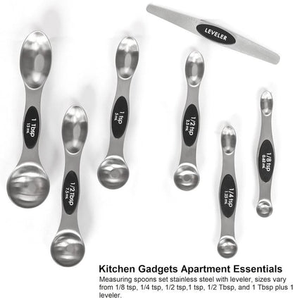 Stainless Steel Magnetic Spoons 7 Set with Leveler for Baking, Stackable Metallic Spice Kitchen Utensils and Gadgets Measure Cups Measuring
