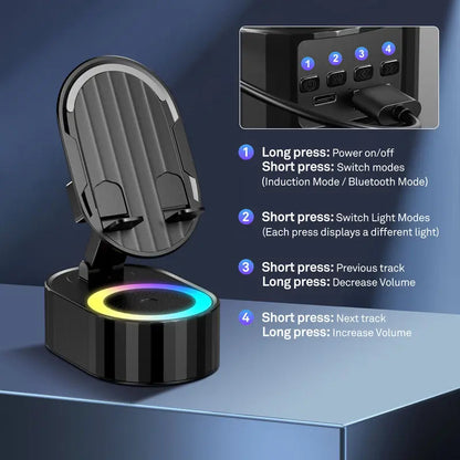 5-in-1 Wireless Induction Speaker Phone Stand – No Bluetooth Needed, LED Lights & Phone Charging