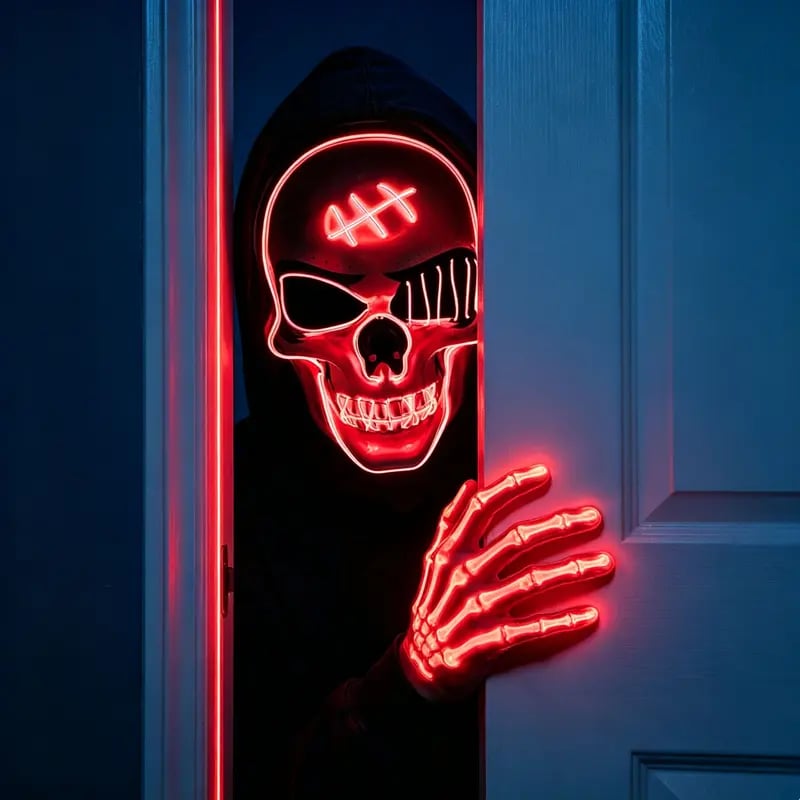 Halloween LED Scary Skeleton Hacker Mask - One Size Cosplay Horror Mask Party Clothing, Creepy Accessories, Multi-Color Glowing Lights