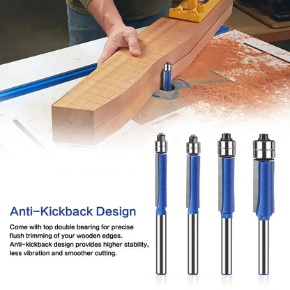4 Piece Dual Bearing Flush Trim Router Bit Set, 1/4 Inch Shank Edge Trimming Tool for Woodworking, Deburring & Polishing
