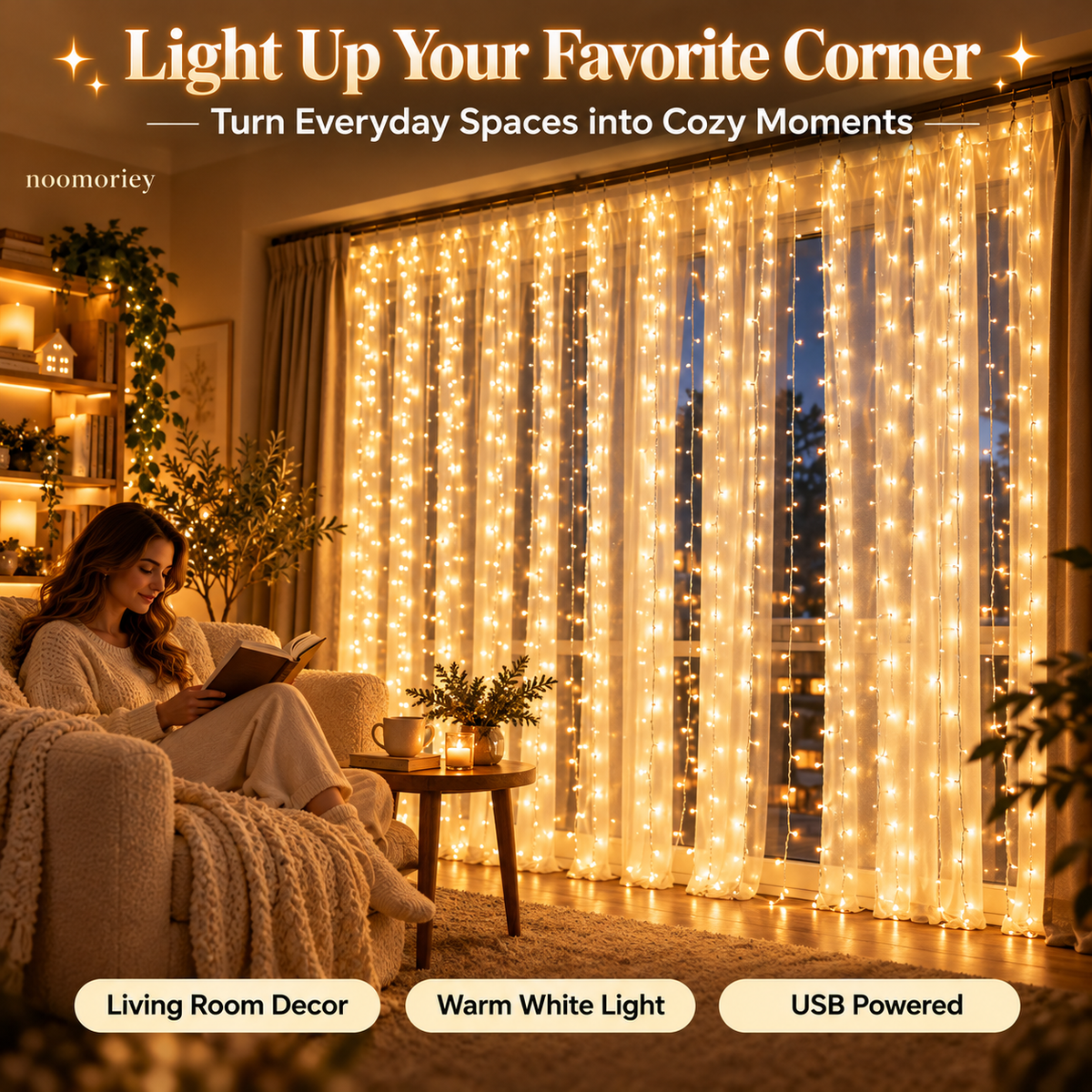 🎄 Christmas Curtain Lights – Warm White LED Window Lights with Remote Control