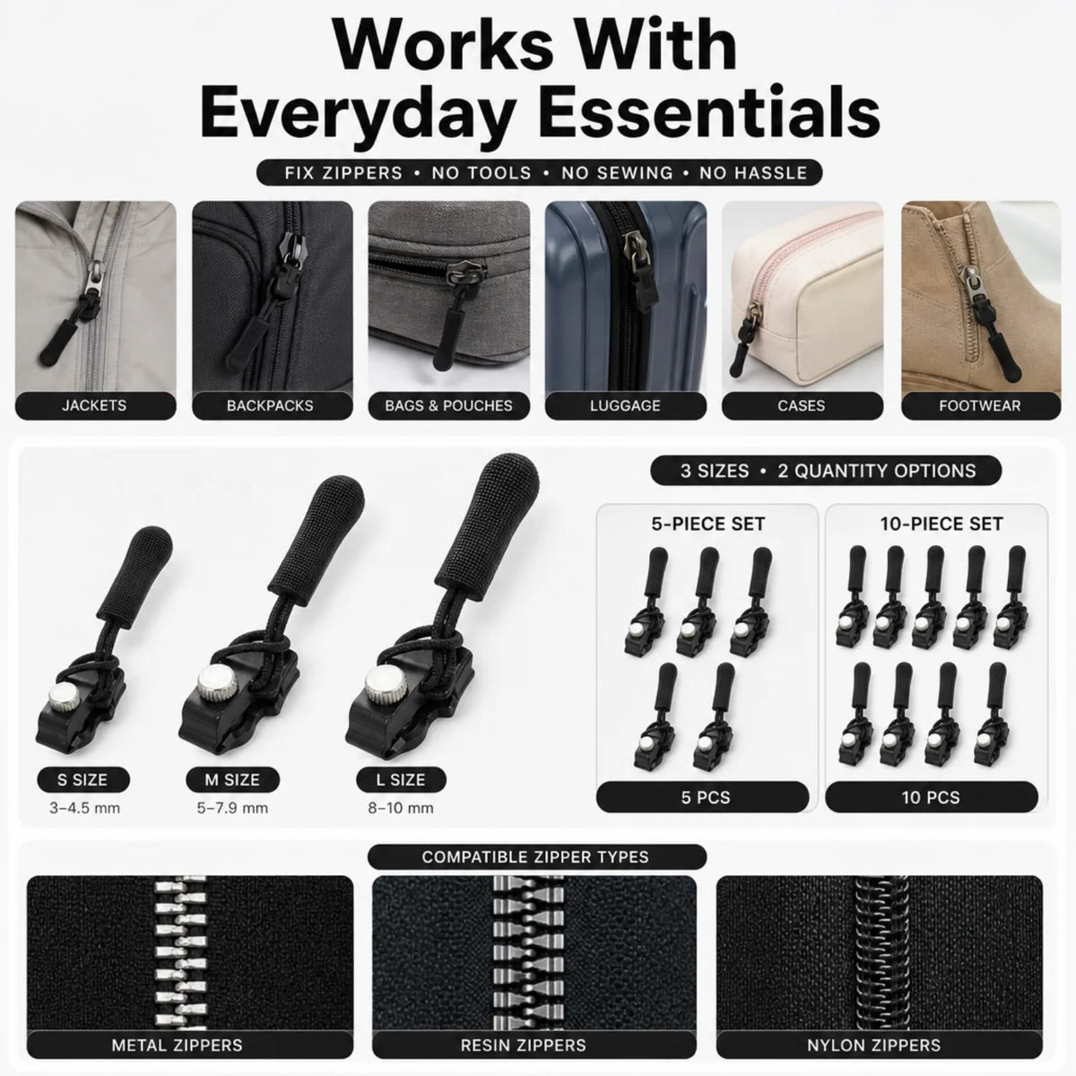 🔧 15pcs Universal Zipper Repair Tool | 3 Sizes Detachable Suitable