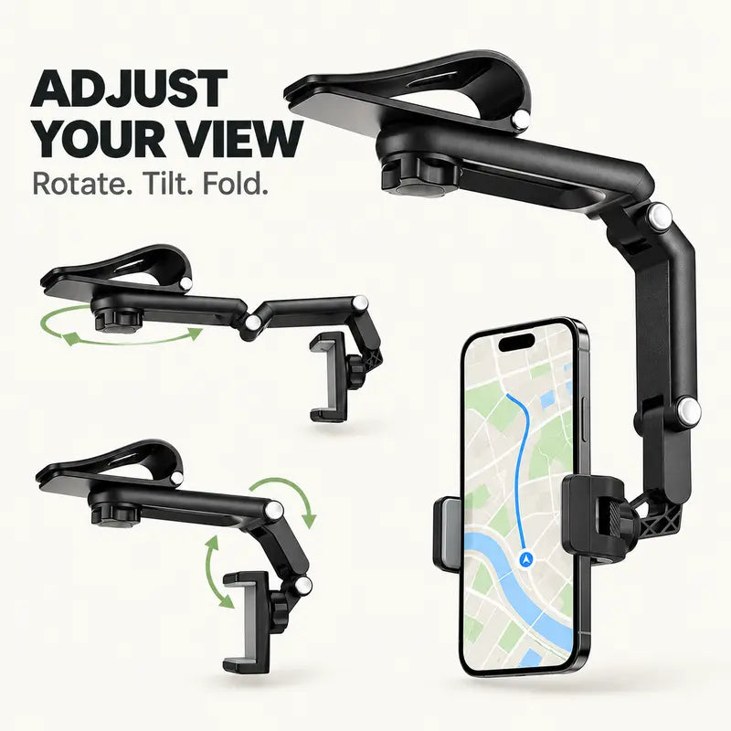 Foldable Car Phone Holder for Sun Visor, Adjustable Arm with 360° Phone Rotation, Spring Clip Mount for 4–6.5 Inch Smartphones, Black,toolupgrade