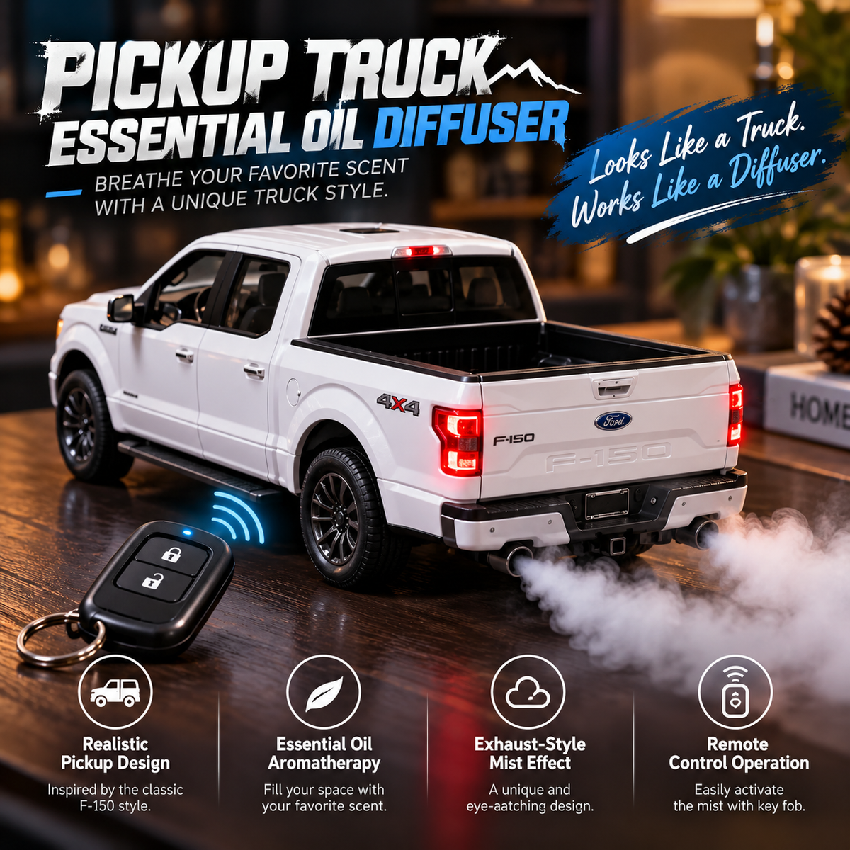 🚙 Realistic Pickup Truck Essential Oil Diffuser – Remote-Controlled Aromatherapy Mist with Exhaust Smoke Effect