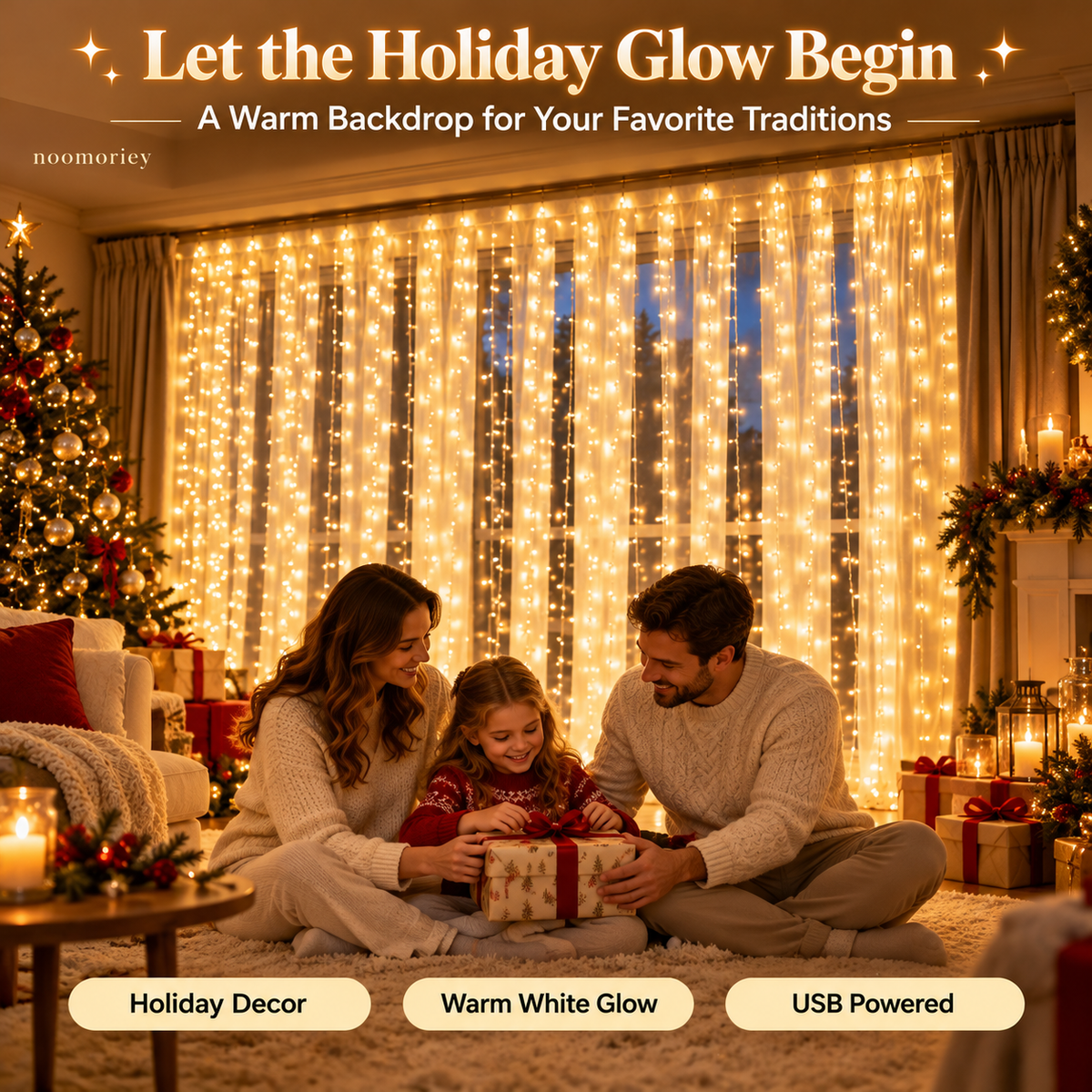 🎄 Christmas Curtain Lights – Warm White LED Window Lights with Remote Control