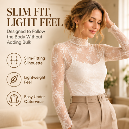 Women's Floral Lace Mesh Long Sleeve Top – High Neck Slim Fit Layering Blouse