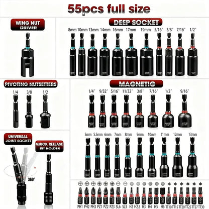 💯🔧55Pcs Magnetic impact Nut Driver Set, SAE & Metric, 1/4' Hex Shank Impact Ready